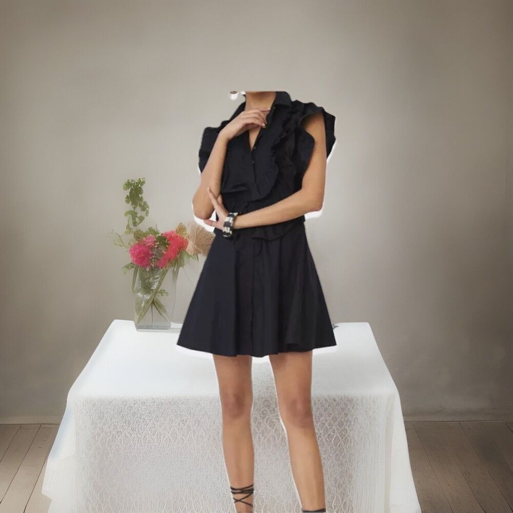 Maeve Anthropologie Ruffled Button-Front Mini Dress Size 2 BLACK   NWT